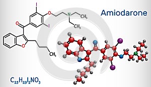 Amiodarone molecule. It is antiarrhythmic, vasodilatory, cardiovascular drug. Structural chemical formula and molecule model
