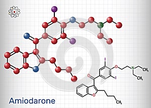 Amiodarone molecule. It is antiarrhythmic, vasodilatory, cardiovascular drug. Structural chemical formula and molecule model.