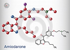 Amiodarone molecule. It is antiarrhythmic, vasodilatory, cardiovascular drug. Structural chemical formula and molecule model. photo