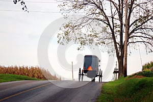 An Amish buggy makes its way over a hill