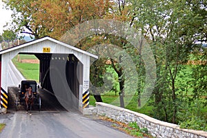An Amish buggy rolls through a covered bridge