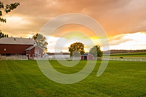 Amish Farm with colorful sunset