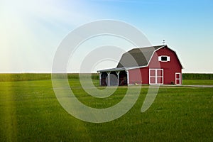 Amish Farm - Red barn and Green Field Sunrise