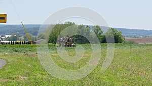 Amish Farmer Harvesting His Crop with 4 Horses and Modern Equipment