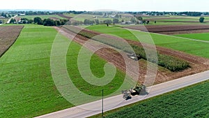 Amish Farmers Harvesting there Fall Crops as Seen by Drone