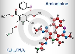 Amlodipine molecule. It is vasodilator, antihypertensive drug group of dihydropyridine calcium channel blockers. Used in