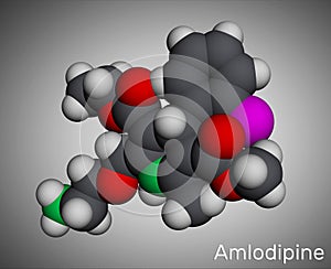 Amlodipine molecule. It is vasodilator, antihypertensive drug group of dihydropyridine calcium channel blockers. Used in