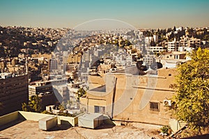 Amman cityscape, Jordan capital. Aerial view from Citadel hill. Urban landscape. Residential area. Arabic architecture. Eastern ci