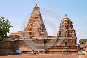 Amman shrine and Brihadisvara Temple in the background , Tanjore, Tamil Nadu