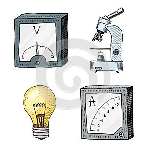 Ammeter or voltmeter, microscope and light bulb. engraved hand drawn in old sketch and vintage symbols. calculations