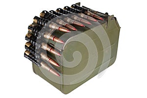 Ammo box with ammunition belt and 12.7mm cartridges for heavy machine gun