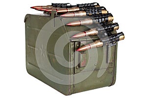 Ammo box with ammunition belt and 12.7mm cartridges for heavy machine gun DSHK used by the former Soviet Union isolated on white