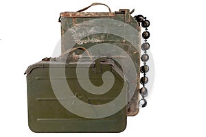 Ammo box with ammunition belt and 14.5mm cartridges for a 14.5mm KPVT heavy machine gun used by the former Soviet Union isolated