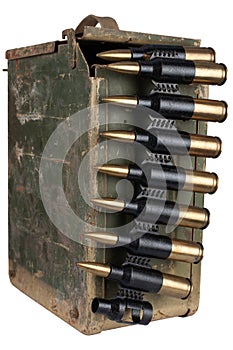 Ammo box with ammunition belt and 14.5mm cartridges for a 14.5mm KPV heavy machine gun used by the former Soviet Union isolated on