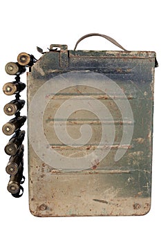 Ammo box with ammunition belt and 14.5mm cartridges for a 14.5mm KPVT heavy machine gun used by the former Soviet Union isolated