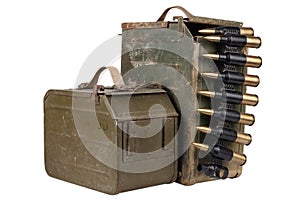 Ammo box with ammunition belt and 14.5mm cartridges for a 14.5mm KPVT heavy machine gun used by the former Soviet Union isolated