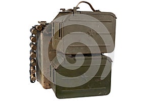 Ammo box with ammunition belt and 14.5mm cartridges for a 14.5mm KPVT heavy machine gun used by the former Soviet Union isolated