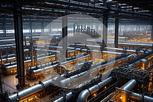 Ammonia Production Workshop: Sprawling Over a Vast Area, Intricate Network of Steel Pipes, Valves, and Equipment