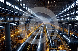 Ammonia Production Workshop: Sprawling Over a Vast Area, Intricate Network of Steel Pipes, Valves, and Equipment