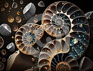 Ammonite fossil background created with Generative AI technology
