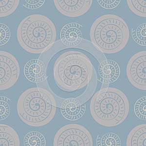 Ammonite vector seamless pattern background. Hand drawn ribbed spiral-form shell cephalopod fossil. Pastel blue pink