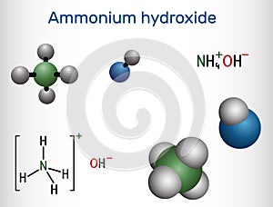 Ammonium hydroxide, ammonia solution, NH4OH molecule. Structural chemical formula and molecule model