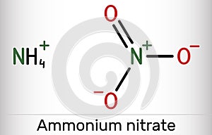 Ammonium nitrate, NH4NO3 molecule. It is ammonium salt of nitric acid. Used to make fertilizers and explosives, in producing photo