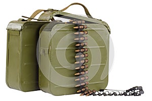 green ammunition box with machine-gun belt isolated