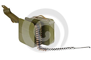 green ammunition box with machine-gun belt isolated