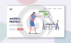 Amoeba Proteus Landing Page Template. Scientists in Laboratory Learning Protozoa Unicellular, Woman with Stomach Pain