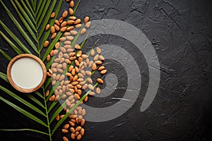 Amond seeds with bowl of fresh natural milk placed on black stone background