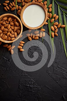 Amond seeds in wooden bowl, fresh natural milk placed on black stone background