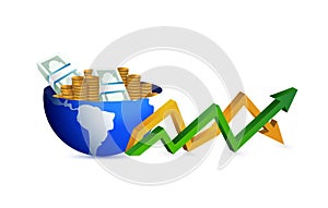 Amoney globe up and down business arrow chart