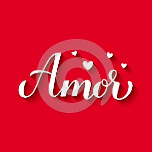 Amor calligraphy hand lettering on red background. Love inscription in Spanish. Valentines day typography poster. Vector template