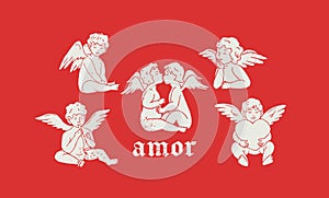 Amor Love. Hand drawn angels cupids