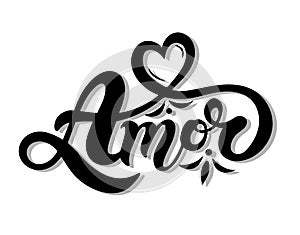 Amor. `Love` in Portuguese. Hand drawn lettering.