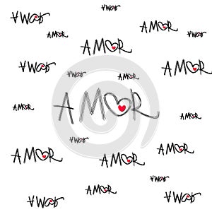 Amor pattern - seamless vector background with hearts and Amor inscription. Black letters on a white background.