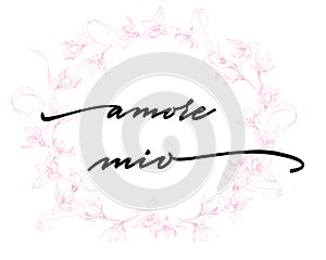 Amore mio Happy Valentine`s Day Hand Lettering - Typographical Background Set with ornaments, hearts, ribbon, angel and arrow
