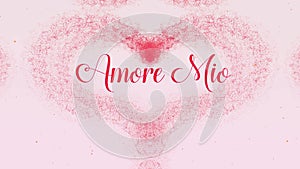 Amore Mio Love confession. Valentine`s Day heart made of pink splash is appearing. Then the heart is dispersing