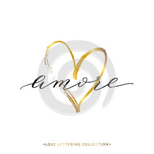 Amore text with gold heart isolated