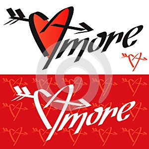 Amore typography. Amore calligraphy. Love typography. Love calligraphy. Amore. Heart pierced by an arrow.