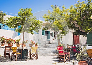 Amorgos island, Greece, beautiful traditional greek street with flowers.