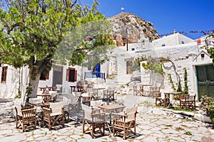 Amorgos island, Greece, beautiful traditional greek street with flowers.