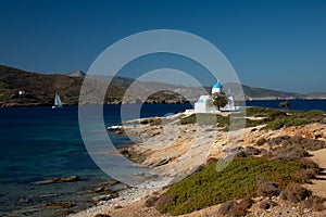 Amorgos island, old church and beach, Greece