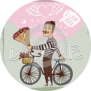 Amorous Frenchman on a bicycle with red roses