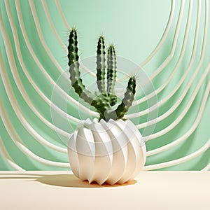 Amorphic Cactus In White Vase: Wavy Lines And Organic Shapes photo