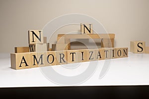 Amortization. The term economy and trade. Written in wooden cubes.