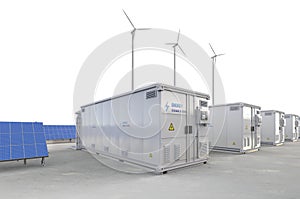 Amount of energy storage systems or battery container units with solar and turbine farm