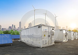 Amount of energy storage systems or battery container units with solar and turbine farm