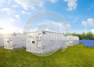 Amount of energy storage systems or battery container units with solar and turbine farm